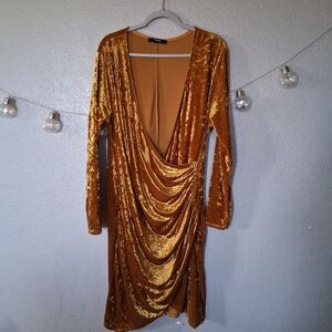 PLUS Simply Be Size 18 Gold Velvet Long Sleeve Draped Wrap Dress